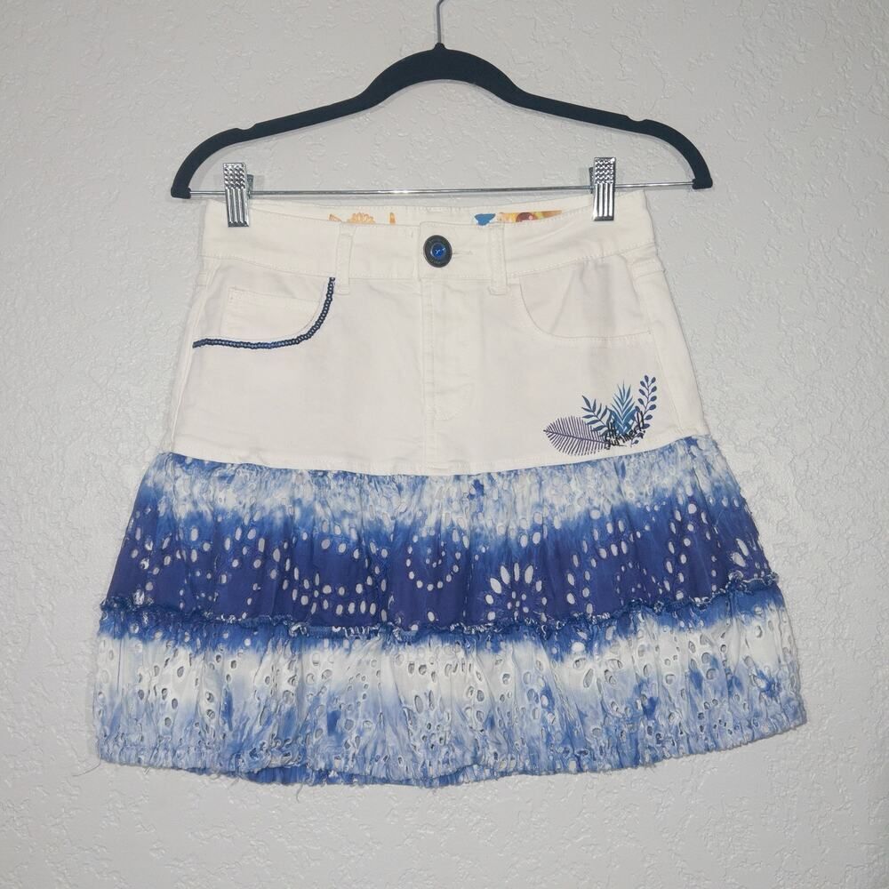 NWT Desigual White & Blue Tie Dye Denim Lace Mini Skirt Size 4